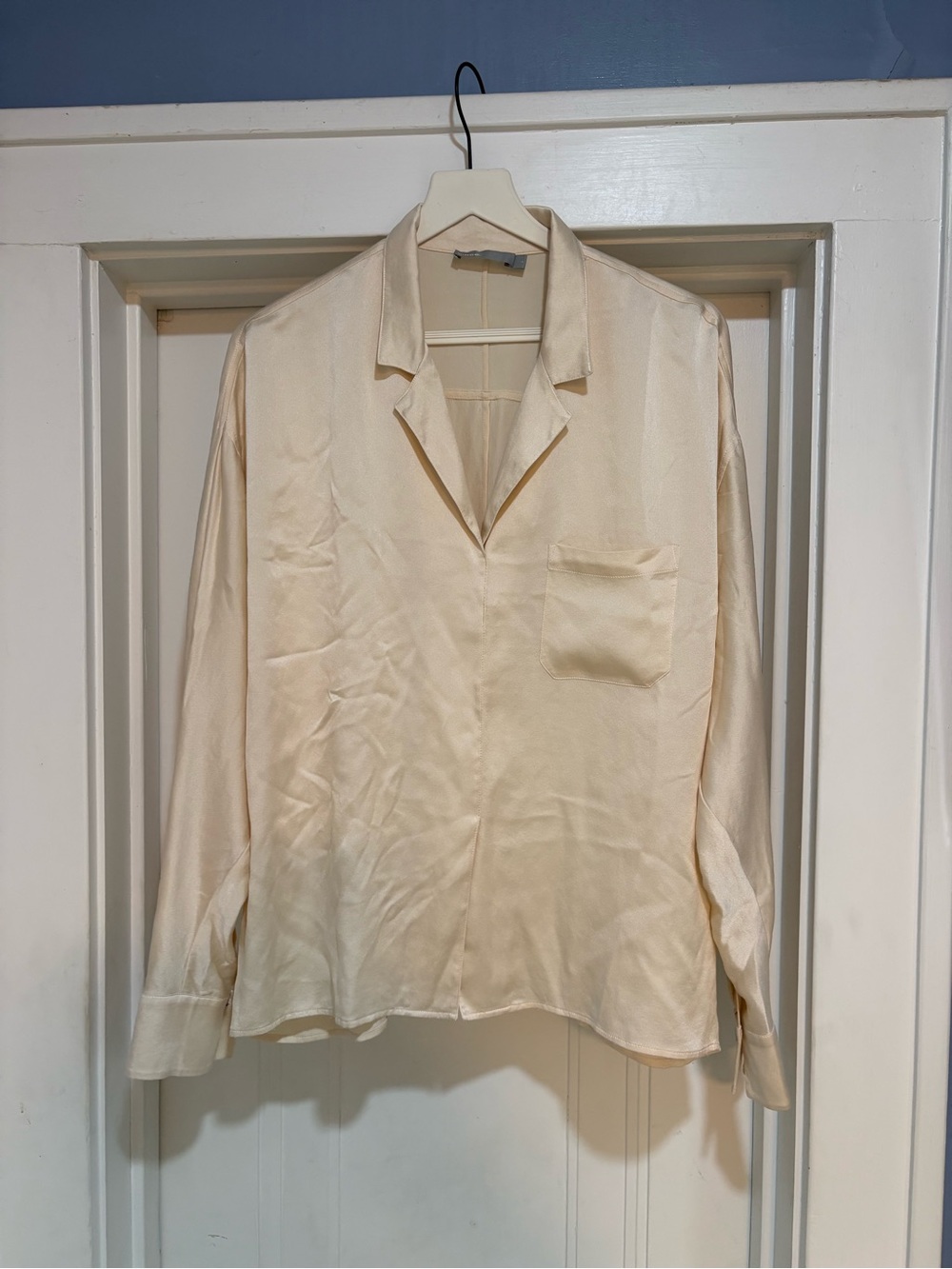 Vince 100% Silk Cream Washable Camp-Collar Long Sleeve Popover Blouse Size Large